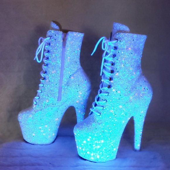 UV White Glow In The Dark Glitter 7" Platform Heel Ankle Boots Adore 1020uvlg - Picture 8 of 16